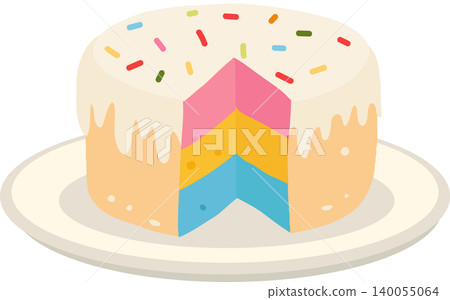 colorful layered Birthday cake slice with colorful layers icing and sprinkles on plate colorful layered Birthday cake slice with colorful layers icing and sprinkles on plate 140055064