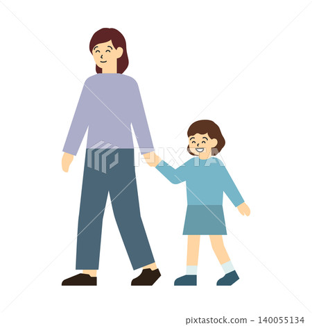 平面插畫:母女手牽手散步 平面插畫:母女手牽手散步 140055134