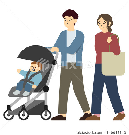 平面插畫:一對年輕夫婦推著嬰兒車 平面插畫:一對年輕夫婦推著嬰兒車 140055140