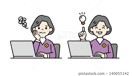 A set of vector illustrations depicting the upper body of a senior woman/grandmother operating a computer to resolve a problem. A set of vector illustrations depicting the upper body of a senior woman/grandmother operating a computer to resolve a problem. 140055142