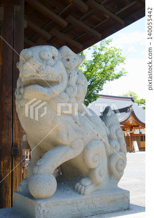 Konomiya Shrine, A-shaped guardian dog in front of the main hall Konomiya Shrine, A-shaped guardian dog in front of the main hall 140055442