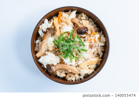 Photo of Japanese-style mixed rice with sea bream, mushrooms, and perilla leaves. Photo of Japanese-style mixed rice with sea bream, mushrooms, and perilla leaves. 140055474