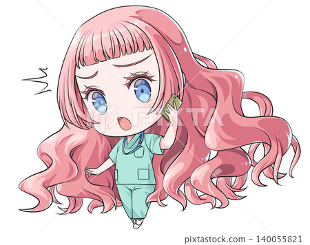 A pink-haired medical intern making a phone call on her smartphone. A chibi-style character in the style of Japanese anime. A shocked girl. 140055821
