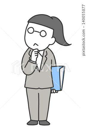 一位身穿西裝的女士，手裡拿著文件，一手托著下巴，陷入沉思。 140055877