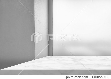 White Marble Table Corner with Stucco Wall and Glass Window Background. White Marble Table Corner with Stucco Wall and Glass Window Background. 140055916