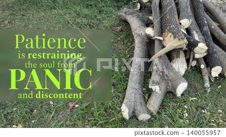 Inspirational quote on patience as restraint from panic discontent. Green text on blurred box over image of rough firewood stacked on grass outdoors. Inspirational quote on patience as restraint from panic discontent. Green text on blurred box over image of rough firewood stacked on grass outdoors. 140055957