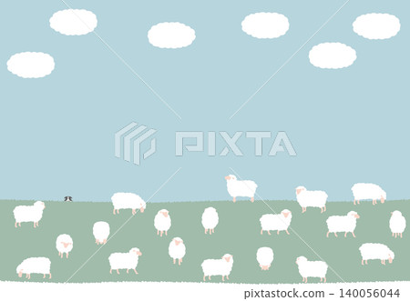 Sheep grazing in a pasture. An illustration of a sheepdog hiding. Sheep grazing in a pasture. An illustration of a sheepdog hiding. 140056044
