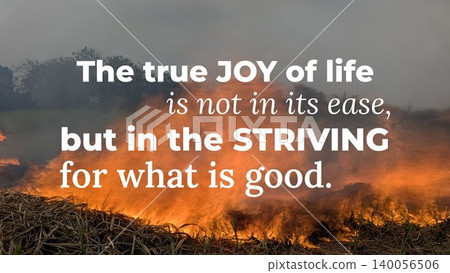 An inspirational quote about finding joy, purpose, meaning not in ease, but through striving for good, moral living., Set against a powerful image of fire, smoke, symbolizing passion, difficulty. An inspirational quote about finding joy, purpose, meaning not in ease, but through striving for good, moral living., Set against a powerful image of fire, smoke, symbolizing passion, difficulty. 140056506