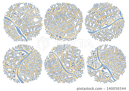 Set of six abstract city map circles featuring detailed urban street plans and river flows. Vector illustration. Set of six abstract city map circles featuring detailed urban street plans and river flows. Vector illustration. 140056544