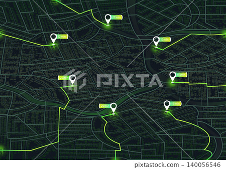 Dark mode city map with glowing green tracking routes and time estimate pins. Vector illustration. Dark mode city map with glowing green tracking routes and time estimate pins. Vector illustration. 140056546