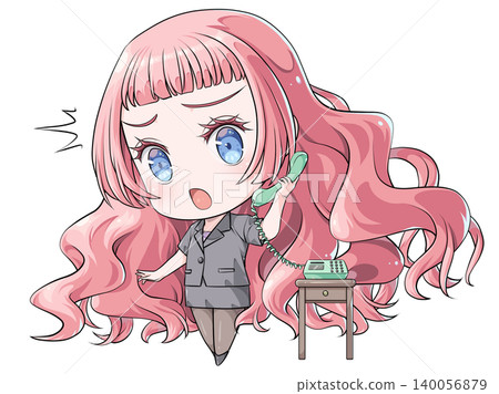 A pink-haired office worker is talking on the phone. A chibi character in the style of Japanese anime. A girl is shocked. 140056879