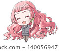 A pink-haired office worker making a phone call on her smartphone. A chibi-style character in the style of Japanese anime. A girl smiling happily. 140056947