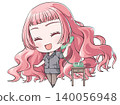 A pink-haired office worker holding the receiver and talking. A chibi character in the style of Japanese anime. A girl smiling happily. 140056948