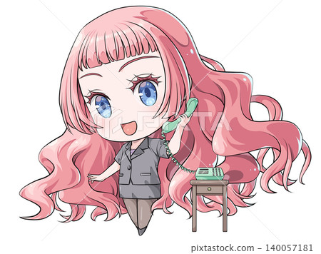 A pink-haired office worker holding the phone receiver and talking. A chibi character in the style of Japanese anime. A cheerful-looking girl. A pink-haired office worker holding the phone receiver and talking. A chibi character in the style of Japanese anime. A cheerful-looking girl. 140057181