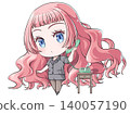 A pink-haired office worker holding the receiver and talking. A chibi character in the style of Japanese anime. A girl making a phone call. 140057190