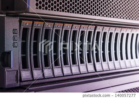 Array of data storage hard drives in internet data center 140057277