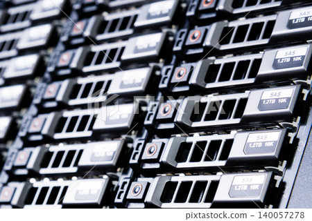 Array of data storage hard drives in internet data center 140057278