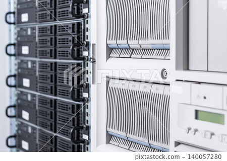 Cluster of data storage hard drives inside server room Cluster of data storage hard drives inside server room 140057280