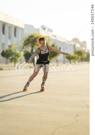 Woman roller skating enjoying summer leisure activity outdoors Woman roller skating enjoying summer leisure activity outdoors 140057546