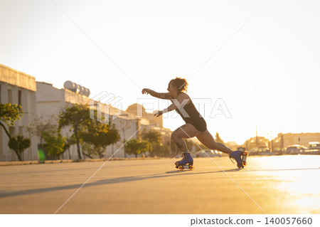 Woman roller skating fast on urban street at sunset Woman roller skating fast on urban street at sunset 140057660