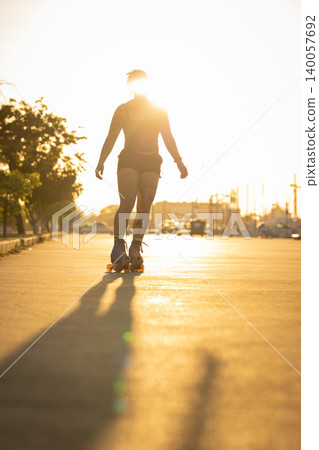 Person roller skating outdoors during warm golden hour 140057692