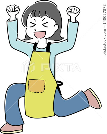 A full-body illustration of a woman in an apron making a victory pose (housewife, working, running, jumping). A full-body illustration of a woman in an apron making a victory pose (housewife, working, running, jumping). 140057878