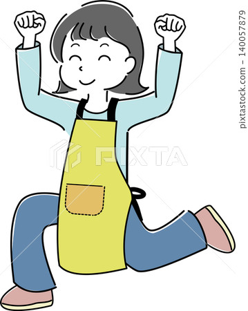 A full-body illustration of a woman in an apron, smiling and making a victory pose (housewife, working, running, jumping). A full-body illustration of a woman in an apron, smiling and making a victory pose (housewife, working, running, jumping). 140057879
