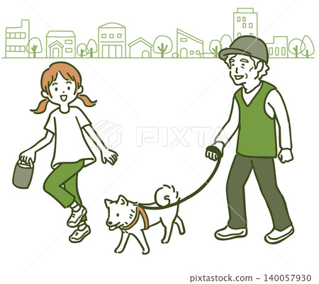 An earth-toned illustration of a senior man walking his dog with a young girl against a park background. 140057930