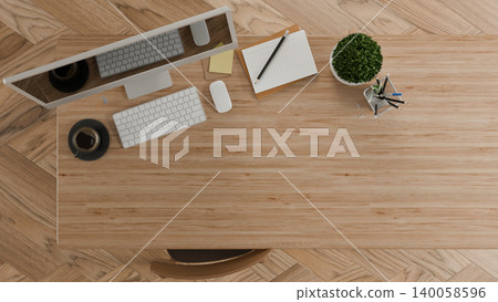 Office desk table with computer, cup of coffee and supplies. Top view with copy space, flat lay 3D rendering Office desk table with computer, cup of coffee and supplies. Top view with copy space, flat lay 3D rendering 140058596