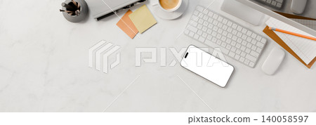 Office desk table with laptop computer, cup of coffee and supplies with smartphone Top view with copy space, flat lay 3D rendering. 140058597