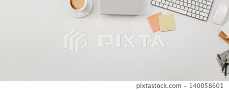Office desk table with laptop computer, cup of coffee and supplies. Top view with copy space, flat lay 3D rendering 140058601
