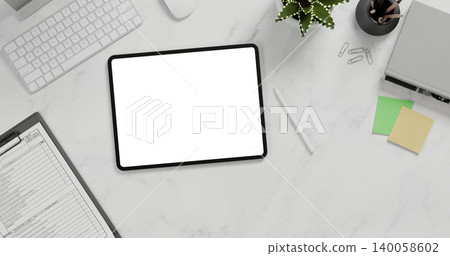 Office desk table with computer, cup of coffee and supplies with empty screen tablet, Top view with copy space, flat lay 3D rendering. 140058602