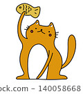 hand drawn illustration of a happy orange cat with fish 140058668