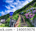 The only staircase national highway in Japan, National Highway 339: A breathtaking view of hydrangeas in full bloom at Cape Tappi in Aomori Prefecture, with the sign standing out against the blue sky. 140059076