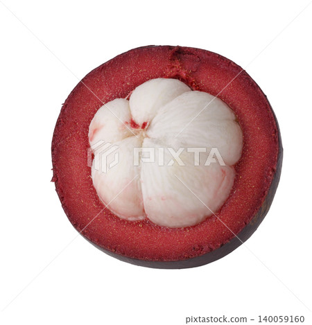 Ripe mangosteen showing white flesh isolated on a white background 140059160