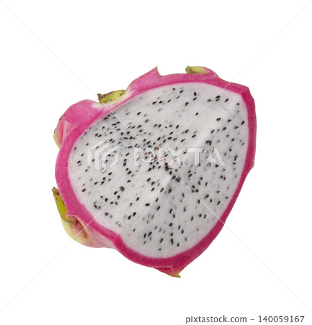 Red dragon fruit halves and slices showing juicy flesh on a white background Red dragon fruit halves and slices showing juicy flesh on a white background 140059167