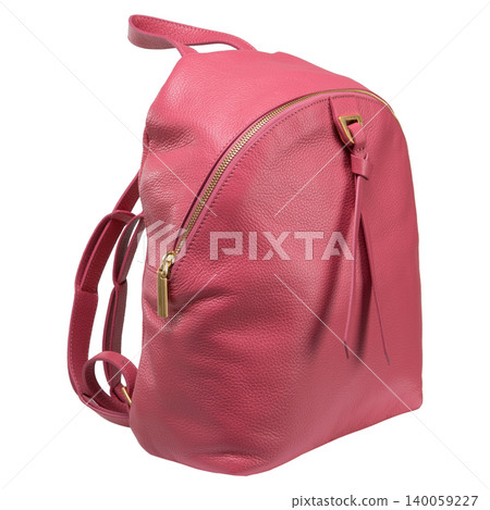 Pink leather backpack with golden zipper closure isolated on white background. Side view of a vibrant female rucksack, modern fashion accessory. Pink leather backpack with golden zipper closure isolated on white background. Side view of a vibrant female rucksack, modern fashion accessory. 140059227