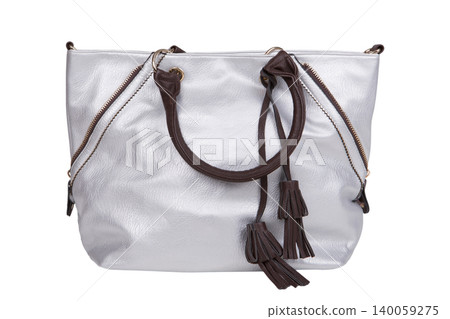 Brown leather handbag with plaid pattern textile insert isolated on white background. Front view of a female tote bag with decorative padlock and strap. Brown leather handbag with plaid pattern textile insert isolated on white background. Front view of a female tote bag with decorative padlock and strap. 140059275