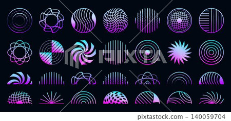 Y2K neon festive violet set of circles and semicircles. Futuristic cyberpunk purple ultra acid vector radial shapes, gradient rave aesthetic sign collection Y2K neon festive violet set of circles and semicircles. Futuristic cyberpunk purple ultra acid vector radial shapes, gradient rave aesthetic sign collection 140059704