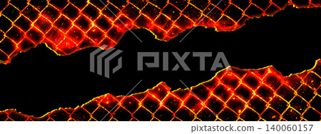 3D illustration background of a wire mesh fence engulfed in flames and a destroyed hole. 3D illustration background of a wire mesh fence engulfed in flames and a destroyed hole. 140060157
