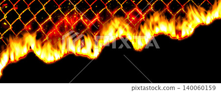3D illustration background of a wire mesh fence engulfed in flames and a destroyed hole. 3D illustration background of a wire mesh fence engulfed in flames and a destroyed hole. 140060159
