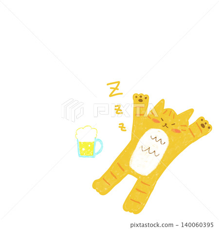 Summer beer is the best! A tabby cat sleeping after drinking beer - Summer illustration Summer beer is the best! A tabby cat sleeping after drinking beer - Summer illustration 140060395