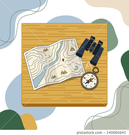 Adventure Exploration Concept with Map, Compass and Binoculars on Wooden Background Illustration 140060845