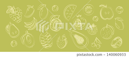 Fruit and Berry Sketch Elements Collection. Abstract geometric line art elements fruit illustration. Shapes of natural organic eco-agriculture citrus.  140060933