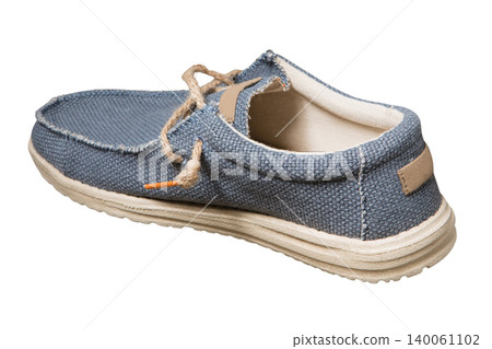 Back view of men's blue canvas boat shoe with rope laces isolated on white background. Casual male textile moccasin with rustic burlap texture and beige sole 140061102
