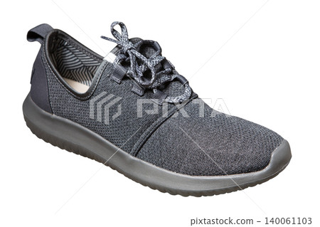 Men's dark grey mesh sneaker isolated on white background, side view. Modern lightweight textile running shoe with flexible sole and laces, casual sport footwear Men's dark grey mesh sneaker isolated on white background, side view. Modern lightweight textile running shoe with flexible sole and laces, casual sport footwear 140061103