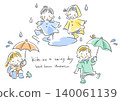 孩子們享受雨天：可愛的手繪水彩風格線條藝術插圖 140061139