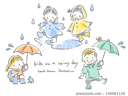 孩子們享受雨天:可愛的手繪水彩風格線條藝術插圖 孩子們享受雨天:可愛的手繪水彩風格線條藝術插圖 140061139