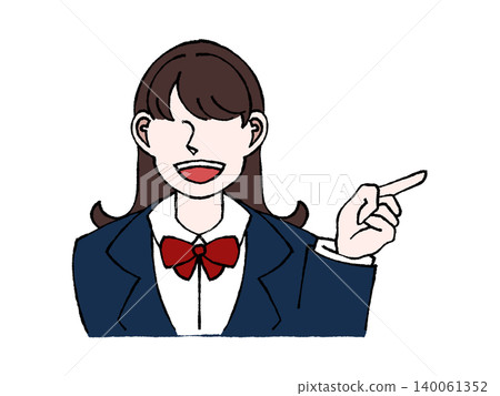 身穿制服的女學生,指向右側,半身像插圖。 身穿制服的女學生,指向右側,半身像插圖。 140061352