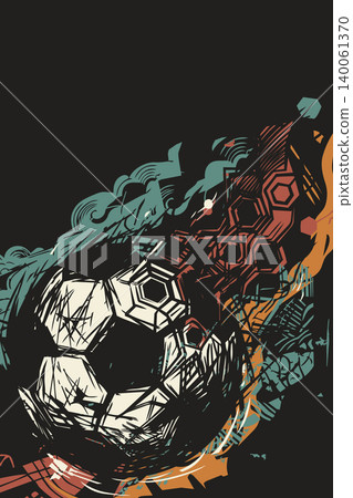 Abstract soccer ball meteor hand drawn linocut style on black vertical background have blank space. Abstract soccer ball meteor hand drawn linocut style on black vertical background have blank space. 140061370